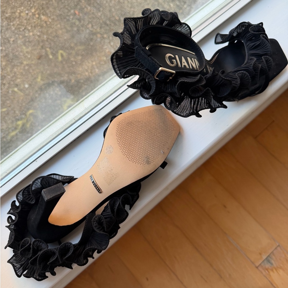 Gianni Bini Black Ruffle Ankle-Strap Heels - Picture 2 of 6